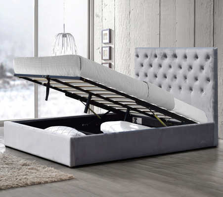 High Comfortable King Size Upholstered Bed Tufted Buttons Headboard Gas Lift Storage Bed