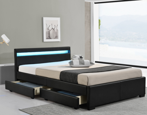 Black Faux Leather Double Size Upholstered Bed With Lights Wireless Remote Control