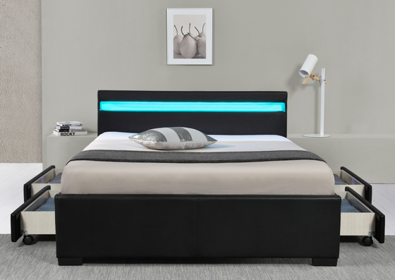 Black Faux Leather Double Size Upholstered Bed With Lights Wireless Remote Control