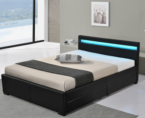 Black Faux Leather Double Size Upholstered Bed With Lights Wireless Remote Control