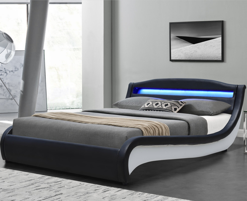 Black / White Double Upholstered Bed Leather Platform Bed With LED Light