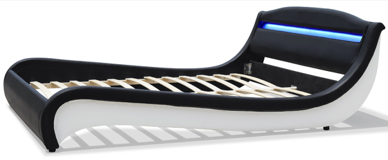 Black / White Double Upholstered Bed Leather Platform Bed With LED Light
