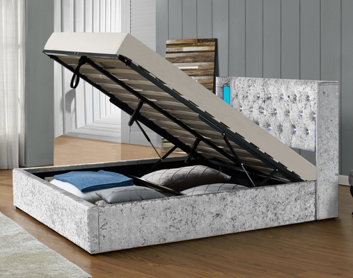 Comfortable Silver Fabric Gas Lift Storage Bed Crush Velvet With LED Light Headboard
