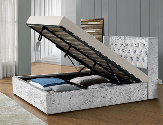 Comfortable Silver Fabric Gas Lift Storage Bed Crush Velvet With LED Light Headboard