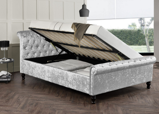 Soft Velvet Chesterfield Ottoman Sleigh Bed Hydraulic Pistons With Huge Storage