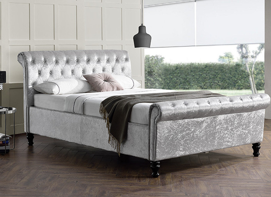 Soft Velvet Chesterfield Ottoman Sleigh Bed Hydraulic Pistons With Huge Storage