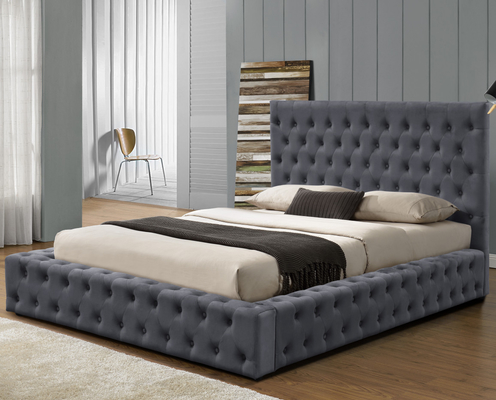 Grey Fabric King Size Ottoman Bed Frame Upholstered With Buttons Headboard