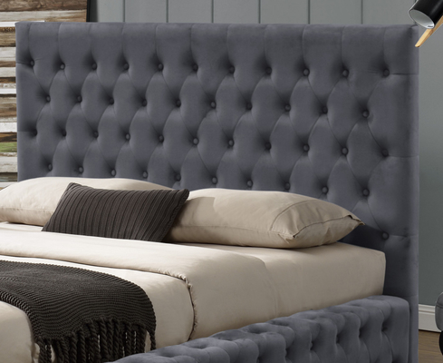 Grey Fabric King Size Ottoman Bed Frame Upholstered With Buttons Headboard