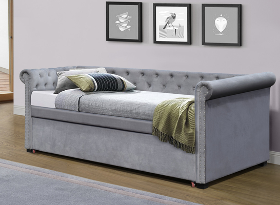 Linen Fabric Twin Upholstered Daybed Tufted Pull Out Trundle Bed