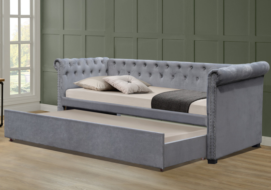 Linen Fabric Twin Upholstered Daybed Tufted Pull Out Trundle Bed