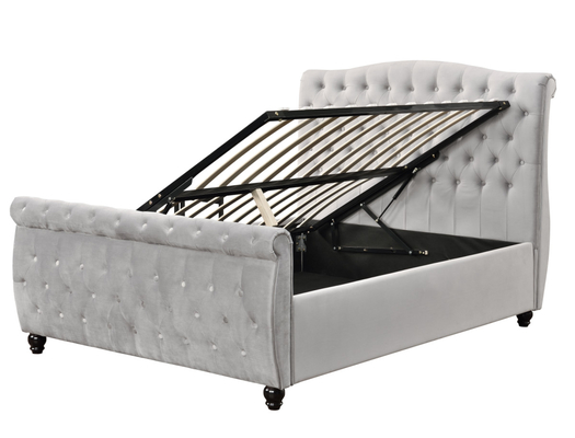 Crushed Velvet Chesterfield Sleigh Ottoman Storage Bed Gas Lift Smooth Opening