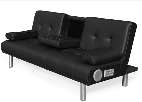 Faux Leather Three Seater Foldable Sofa Bed With Cup Holder And Bluetooth Speaker