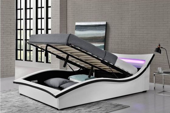 Italian Design Gas Lift Storage Bed Curve Shape Faux Leather PU With LED