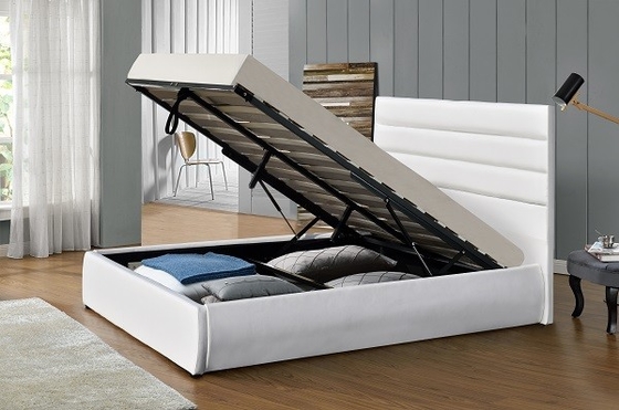 White PU Leather Bed Frame Automatic Gas Lift With Storage Box