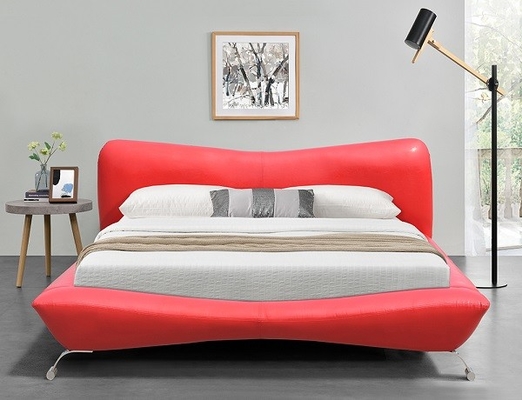 Red Faux Leather Bed Frame Plywood Metal Legs Leather Bed Manufacturers