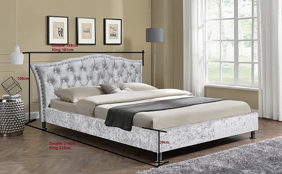 Luxurious King Size Velvet Fabric Bed Frame With Tufted And Crystal Headboard