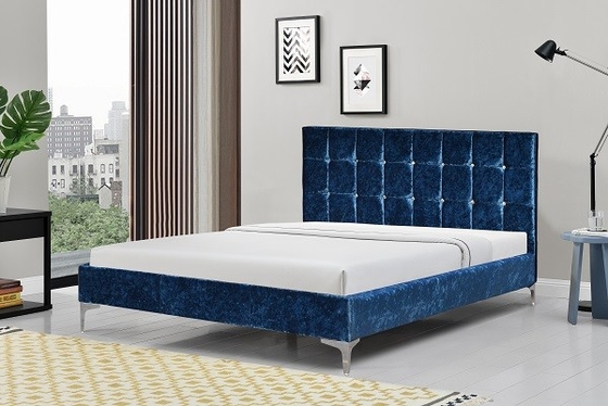 Blue Crushed Velvet Upholstered Bed Frame Full Size With Crystal Buttons