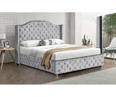 Customized Silver Grey Upholstered Bed Velvet Fabric Button Tufted High Headboard