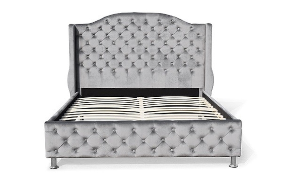 Customized Silver Grey Upholstered Bed Velvet Fabric Button Tufted High Headboard