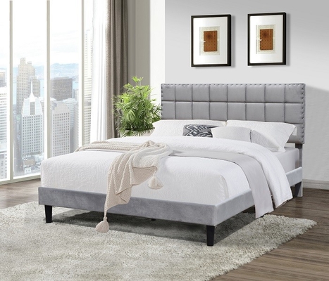 Grey Fabric King Size Upholstered Bed Frame High Headboard With Small Metal Ball