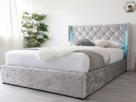 Queen Size Grey Crushed Velvet Plywood Bed With LED Light Headboard Both Side