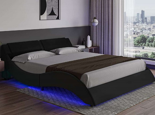 Modern Comfortble Fabric Upholstered Bed Frame Curve Shape With LED Headboard