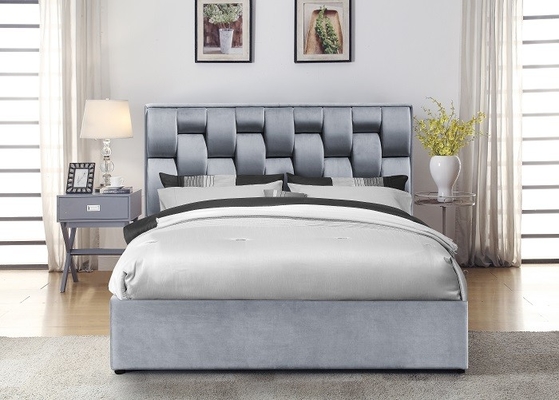 Grey Velvet Fabric Storage Bed Frame With Tufted High Headboard