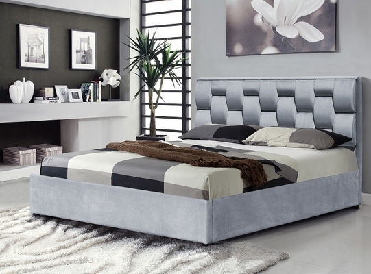 Grey Velvet Fabric Storage Bed Frame With Tufted High Headboard