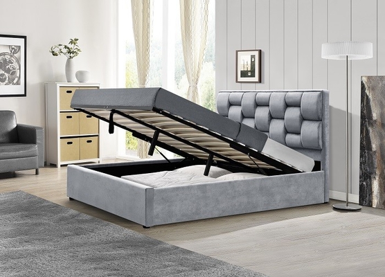 Grey Velvet Fabric Storage Bed Frame With Tufted High Headboard