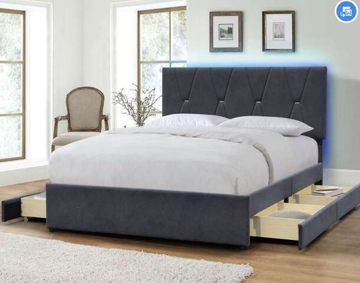 Grey Velvet King Size Upholstered Bed Frame High Headboard With Drawers