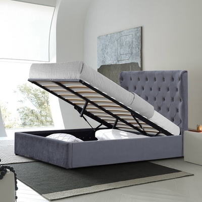 Grey King Size Upholstered Storage Bed Frame Plywood Easy Assemble With Ears Headboard