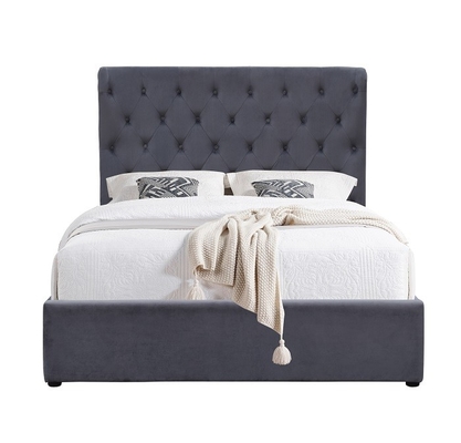 Grey King Size Upholstered Storage Bed Frame Plywood Easy Assemble With Ears Headboard