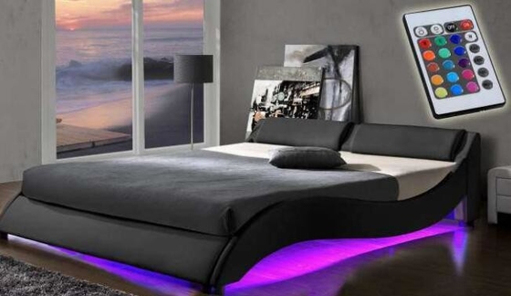 Wholesale Upholstered Plywood Bed Frame Wave Shape PU Leather With LED