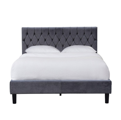 Queen Size Grey Upholstered Bed Frame With Tufted Buttons Headboard