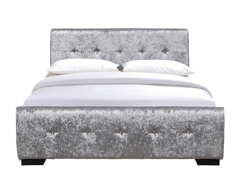 Queen Size Grey Upholstered Bed Frame With Tufted Diamante Buttons On Headboard