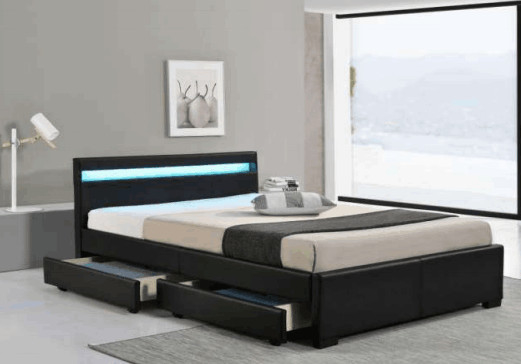 MDF Wood LED Upholstered Bed Faux Leather Slatted Frame With Box