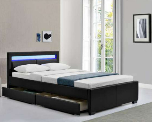 LED Bed Double Upholstered Faux Leather Slatted Frame With Box