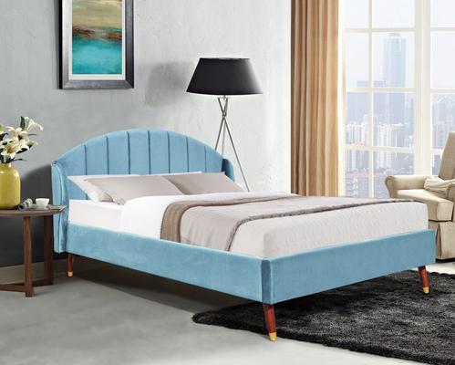 Blue Velvet Upholstered King Bed With Minimalist Headboard