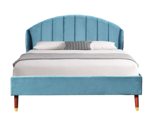 Blue Velvet Upholstered King Bed With Minimalist Headboard