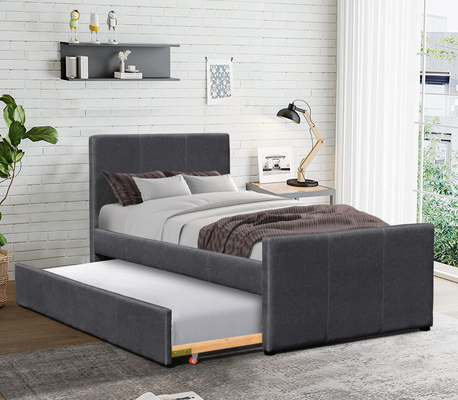 Dark Grey Linen Wooden Twin Daybed Frame With Extendable Trundle For Bedroom