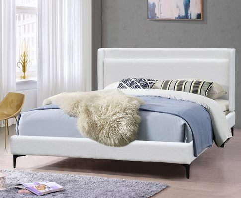 Classic King Size Platform Bed Frame With White Fabric Headboard Upholstered