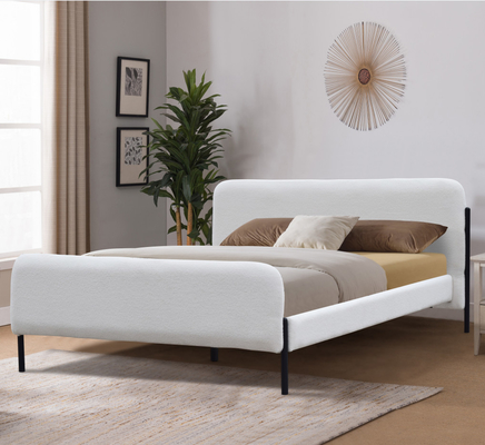Classic King Size Platform Bed Frame With White Fabric Headboard Upholstered