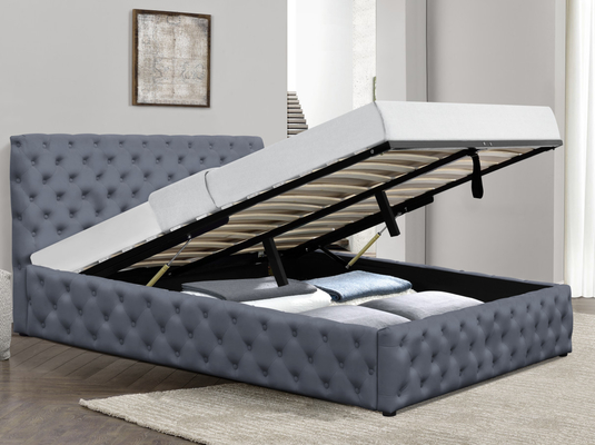 Light Grey Velvet Gas Lift Storage Bed King Size Upholstered Tufted Bottons