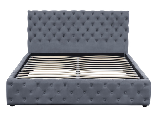 Light Grey Velvet Gas Lift Storage Bed King Size Upholstered Tufted Bottons