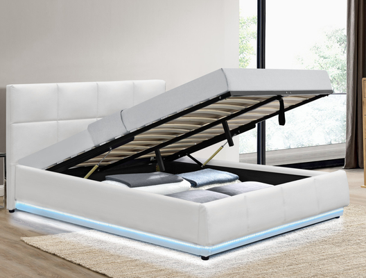 Optional Size White Faux Leather Gas Lift Upholstered Bed Upholstered Frame With Storage and Led