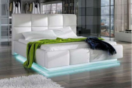 Optional Size White Faux Leather Gas Lift Upholstered Bed Upholstered Frame With Storage and Led