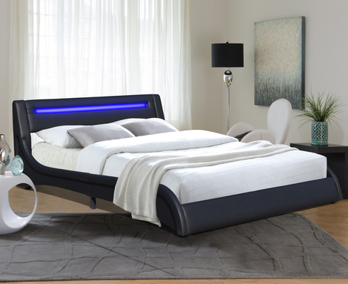 Black Faux Leather Pu Led Upholstered Bed Frame With Adjustable Headboard