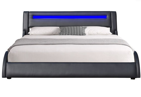 Black Faux Leather Pu Led Upholstered Bed Frame With Adjustable Headboard