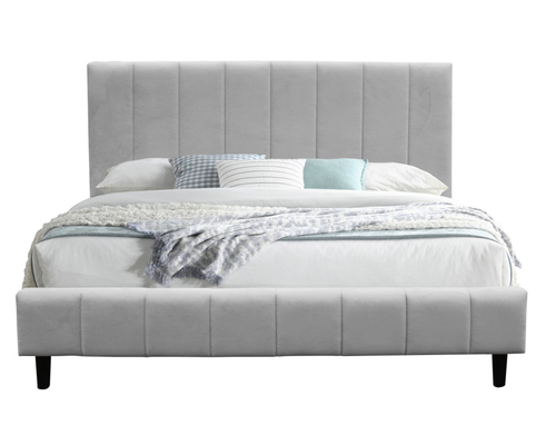 Twin Size BSCI White Upholstered Bed Frame With Vertical Stripes On Headboard