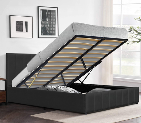 Black Velvet Fabric King Size Gas Lift Bed Wooden Frame